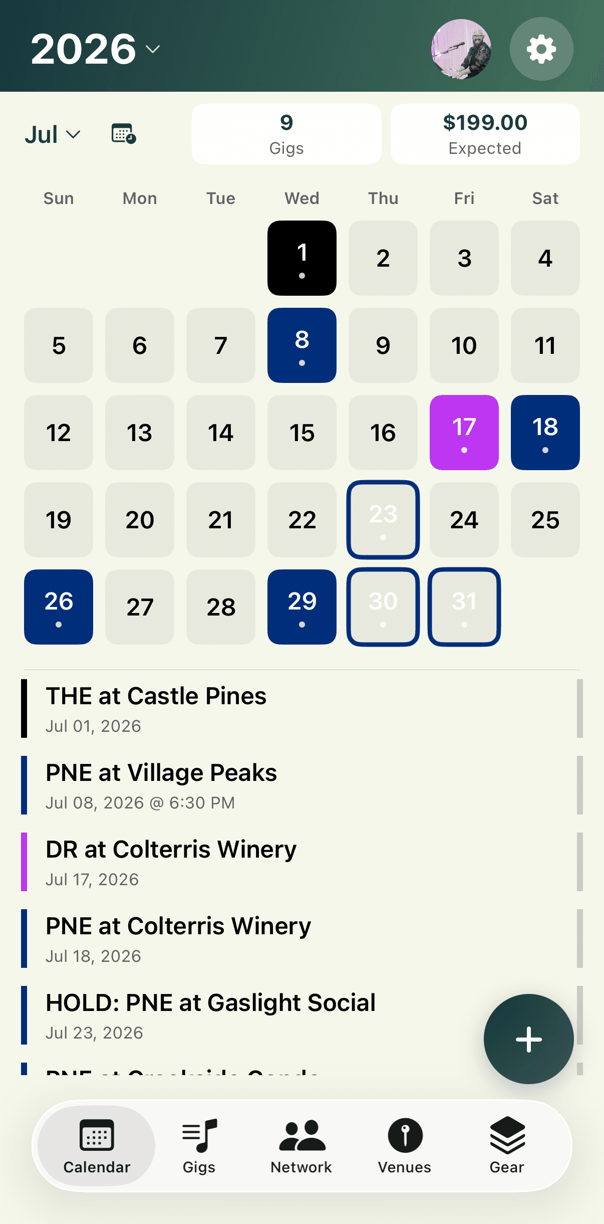 GigLog Calendar View