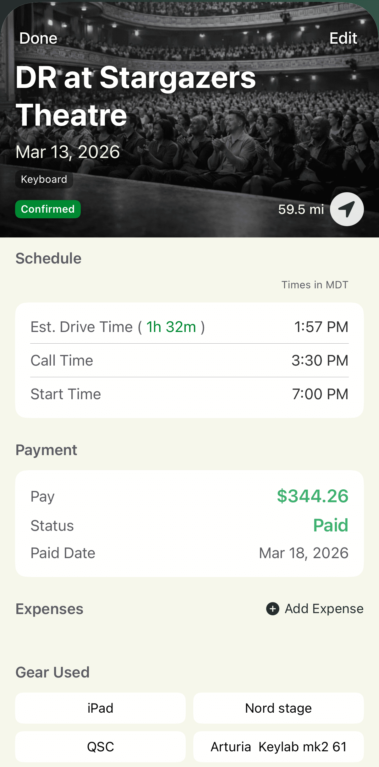GigLog gig detail with schedule and payment