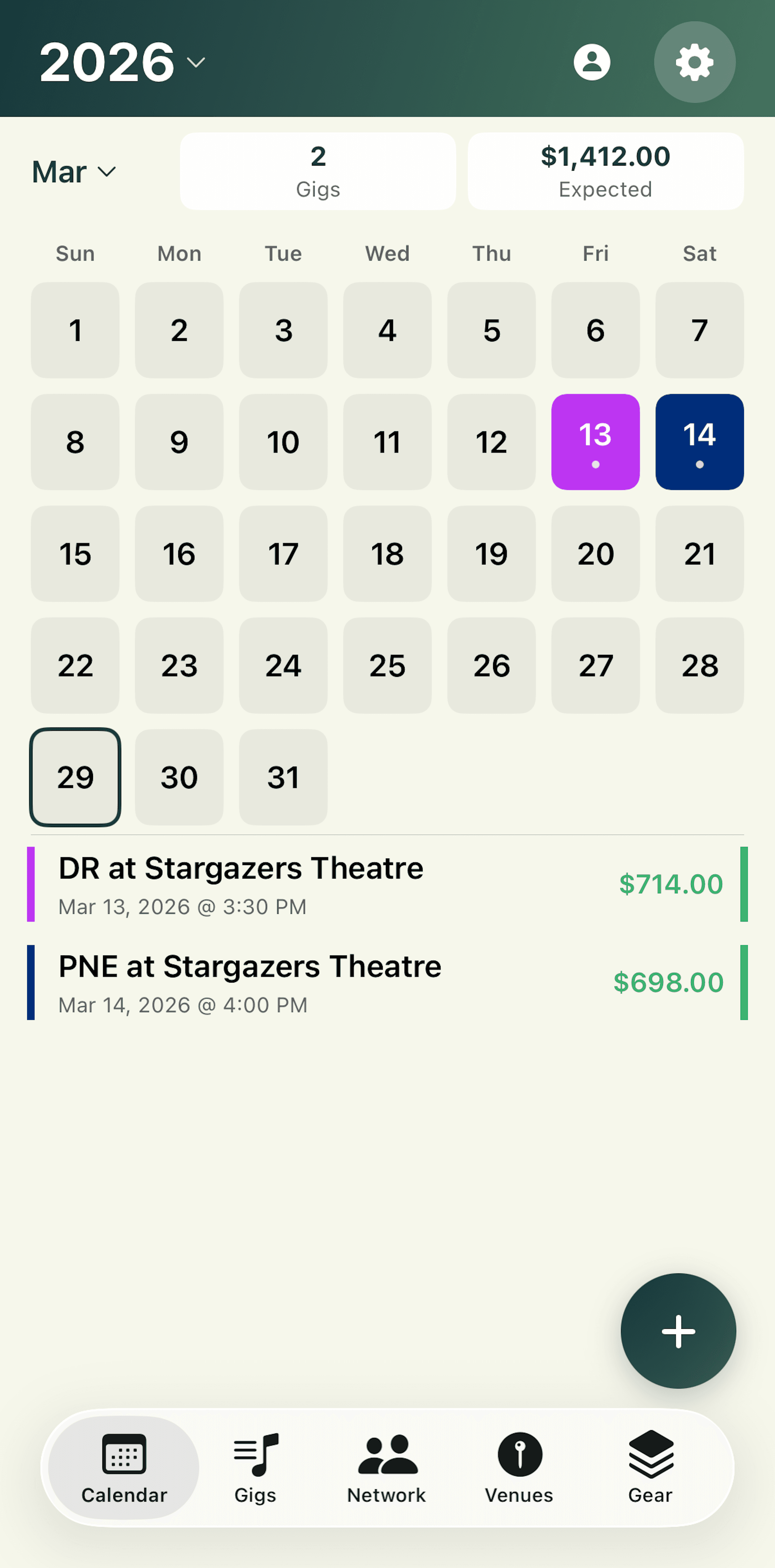 GigLog calendar showing gigs and expected income